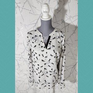 Kensie White Horses Printed V-Neck Blouse w/ Drapey Back